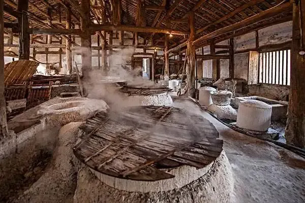 跨门入内,左侧是高为十八点四米的井架和碓房,右侧为推汲卤水的大车房